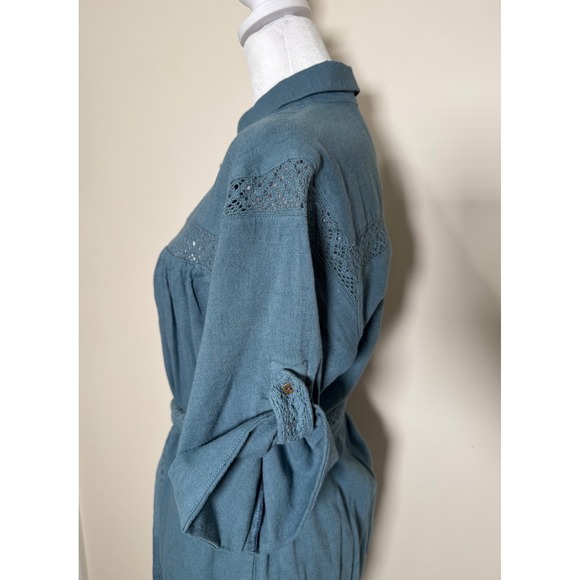 Anthropologie Blue Linen Blend Button Front Dress with Crochet Detail Size S - Picture 4 of 8